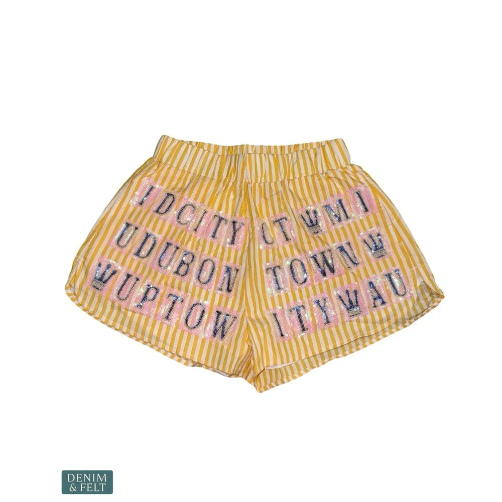 NEW Queen of Sparkles Yellow White NOLA Street Tiles Mardi Gras Sequin Shorts